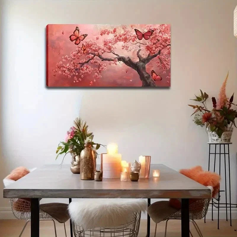 Cherry Blossom Butterfly Scene Wall Art Canvas Office Home Room Framed 80x45cm