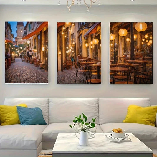 3pcs A Cobblestone Street Lined Majestic White Metal Print Ready to Hang Art