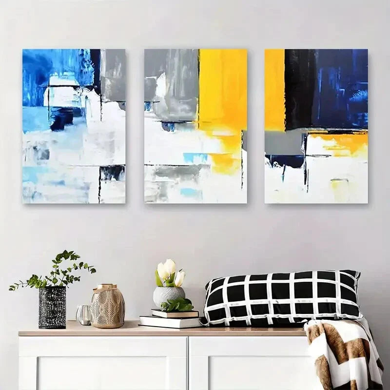 3pcs Bold Yellow, Blue, and Gray Metal Print Ready to Hang Art