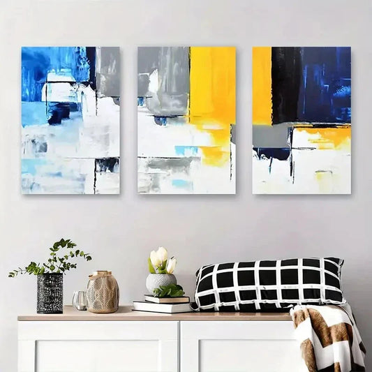 3pcs Bold Yellow, Blue, and Gray Metal Print Ready to Hang Art