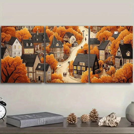 3pcs Autumn Fairy Tale Town, Metal Print Ready to Hang Art