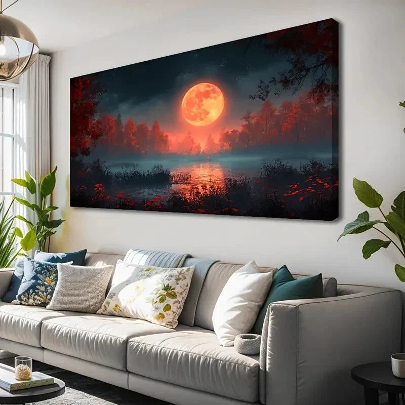 Red Moon Landscape wall canvas office home room framed 120x60cm