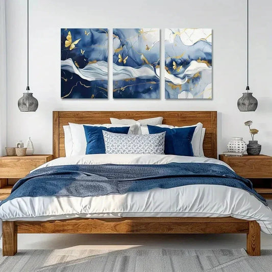 3pcs Golden Butterflies on Blue and White Background Metal Print Ready to Hang Art