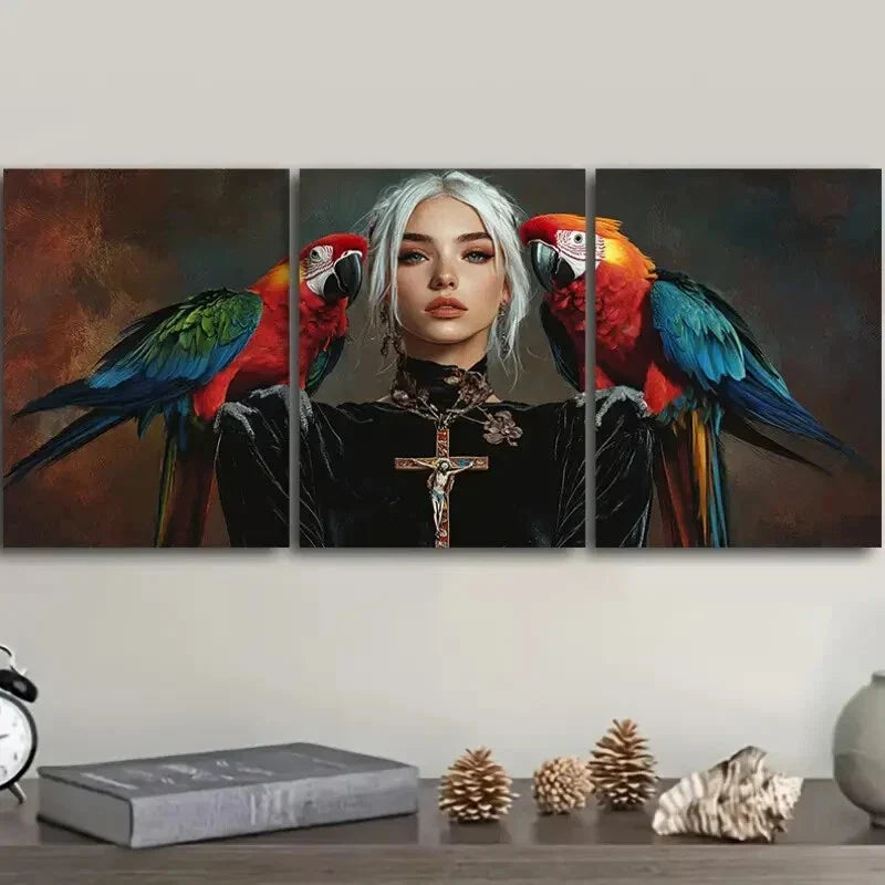3pcs Colorful Parrots And Girls   Wall Art Set Canvas Framed 40x60cm - High Quality Print 100% Australian Made Wall Canvas Ready to Hang