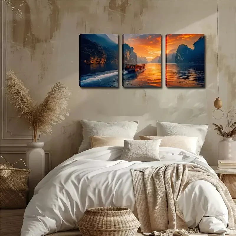 3pcs Coastal Sunset Sailing Boat Wall Art Set Canvas Framed 40x60cm - High Quality Print 100% Australian Made Wall Canvas Ready to Hang
