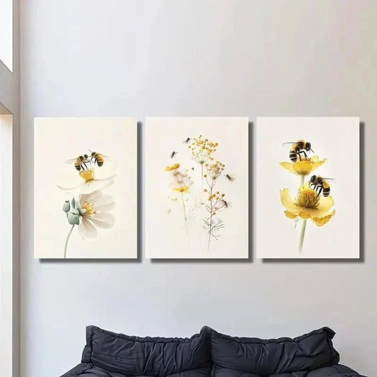 3pcs Flowers And Bees, Watercolor Floral Insect Metal Print Ready to Hang Art