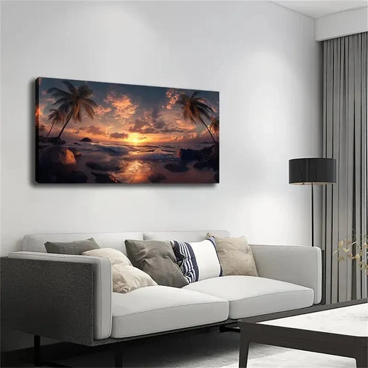 Sunset Beach with Palm Trees Wall Art Canvas Office Home Room Framed 80x45cm