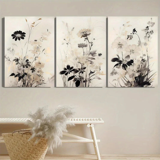 3pcs Modern Wildflower Black White and Golden Metal Print Ready to Hang Art