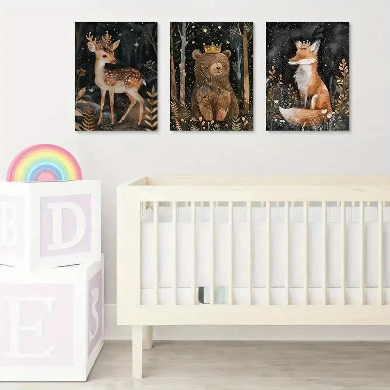 3pcs Royal Deer, Crowned Bear, Majestic Fox, Metal Print Ready to Hang Art