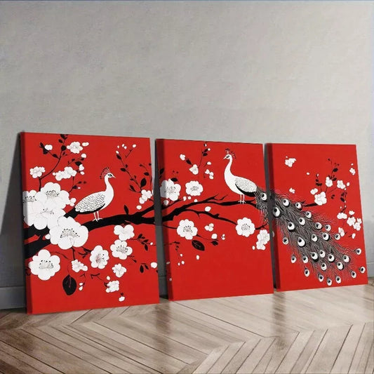 3pcs Modern Peacock & Floral Design, Wall Art Set Canvas Framed 40x60cm - High Quality Print 100% Australian Made Wall Canvas Ready to Hang