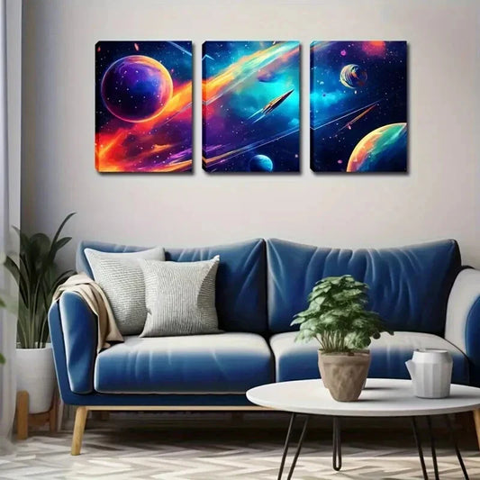 3pcs Unique Colorful Outer Space World Abstract  Wall Art Set Canvas Framed 40x60cm - High Quality Print 100% Australian Made Wall Canvas Ready to Hang
