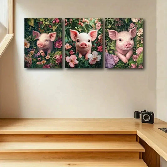 3pcs Cute Pink Pig with Pink florals and Greenery Metal Print Ready to Hang Art