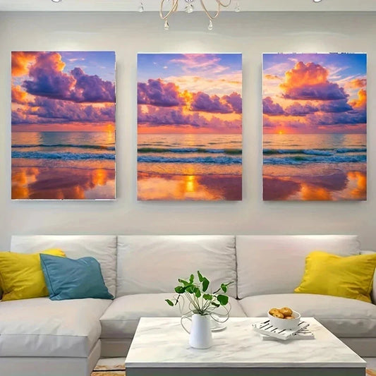 3pcs A Colorful Sunset Over The Ocean Metal Print Ready to Hang Art