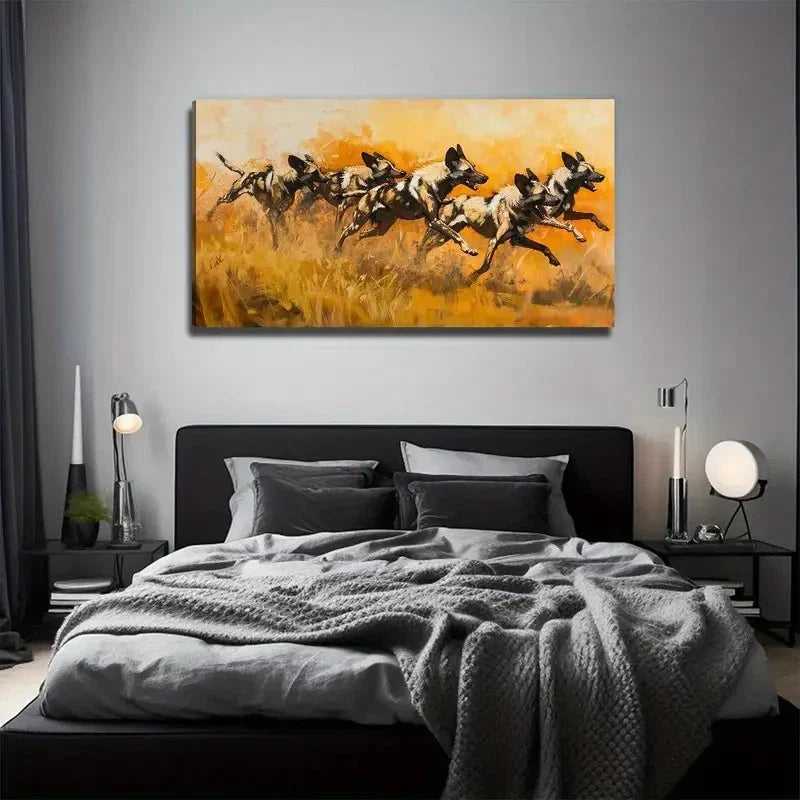 Running Wild Dogs In Golden Wall Art Canvas Office Home Room Framed 80x45cm