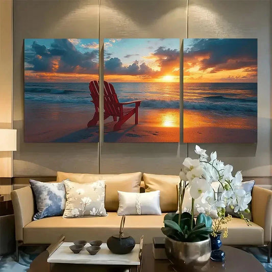 3pcs Red Adirondack Chairs & Calm Waves Metal Print Ready to Hang Art