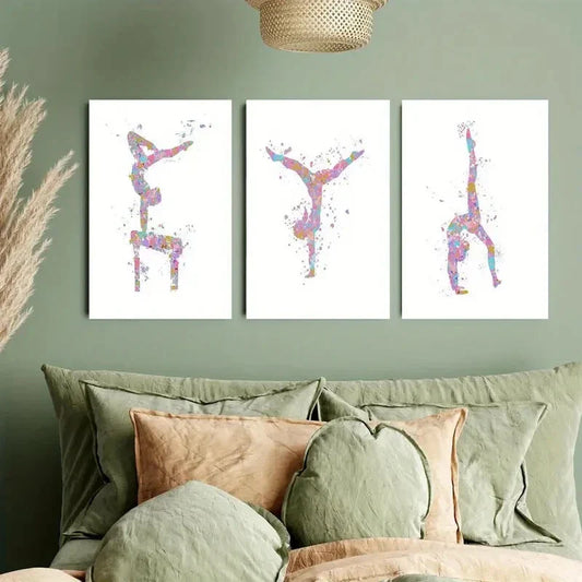 3pcs Pink, Blue, Purple Cartoon-Style Gymnastics Metal Print Ready to Hang Art