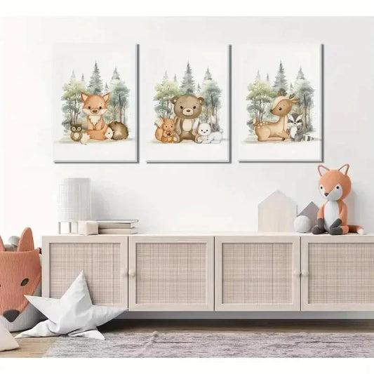 3pcs Rustic Cartoon Fox, Bear, Deer Oil Painting   Metal Print Ready to Hang Art