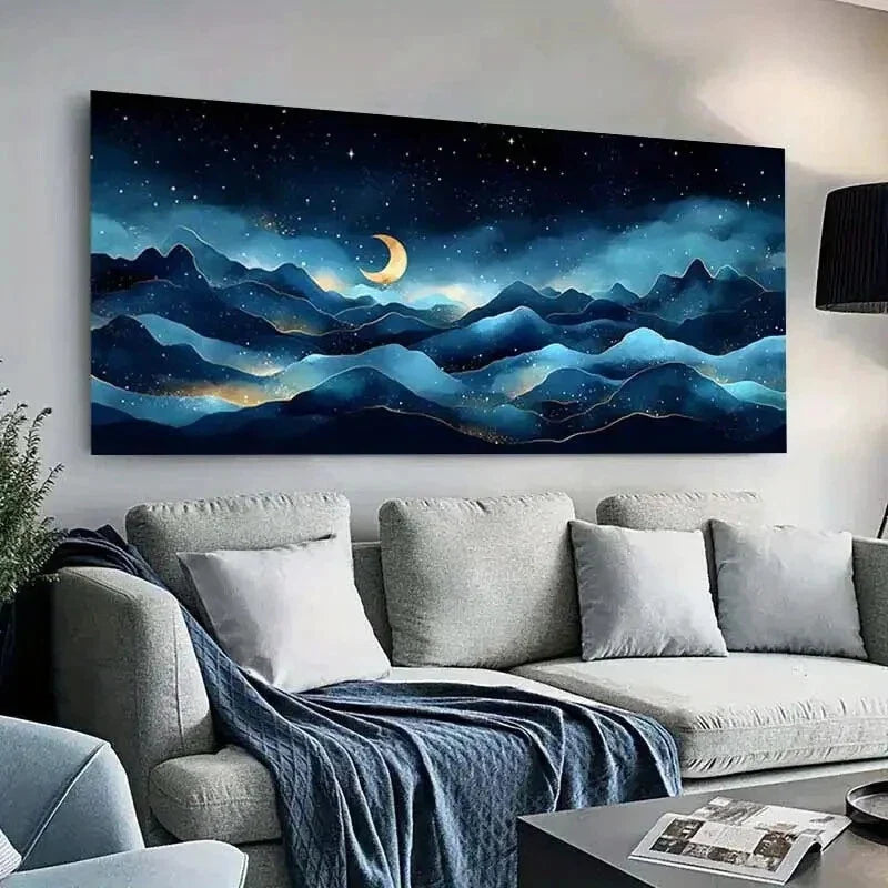 Night Sky Gold Starry Moon wall canvas office home room framed 120x60cm