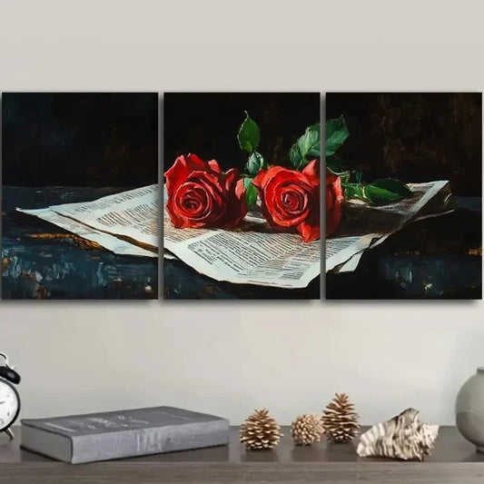 3pcs Red roses from the newspaper Metal Print Ready to Hang Art