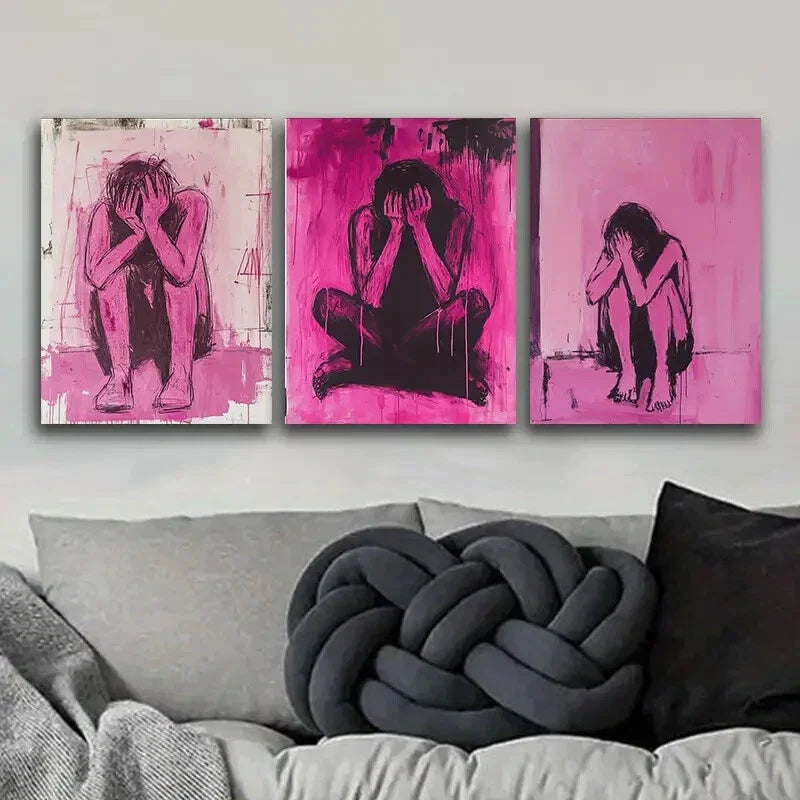 3pcs Pink Trouble Modern Classic Paintings  Metal Print Ready to Hang Art