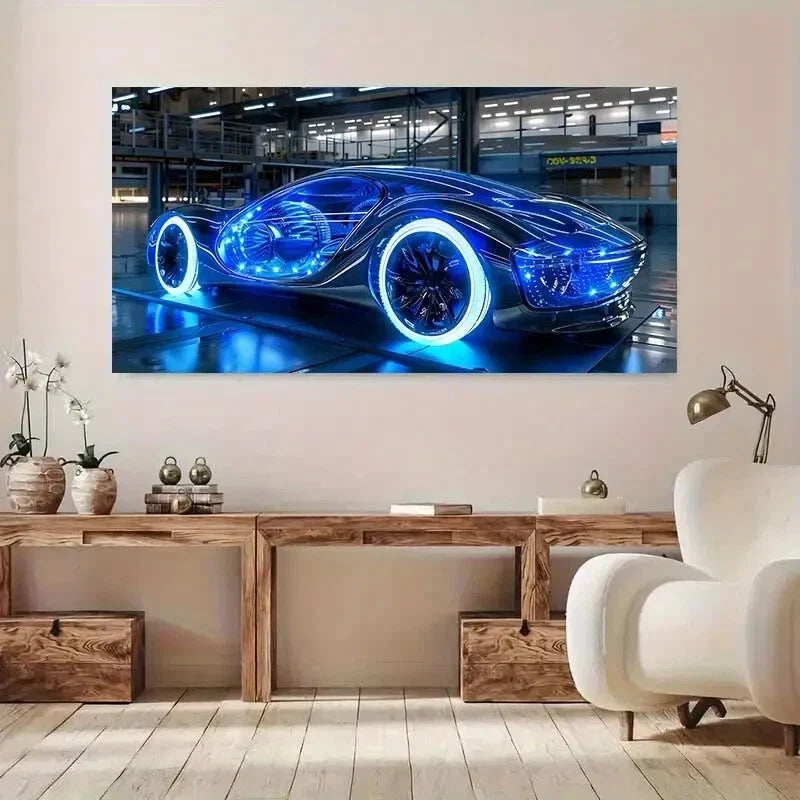 Futuristic Car High-Tech Blue Wall Art Canvas Office Home Room Framed 120x60cm