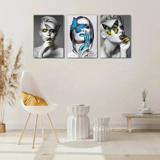 3pcs Butterfly & Beauty Character Posters, Metal Print Ready to Hang Art