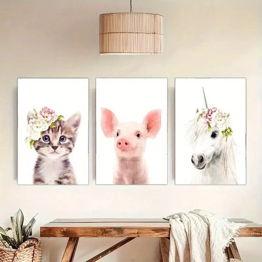 3pcs Pig Unicorn And Cat Poster Cute Animal Art Metal Print Ready to Hang Art
