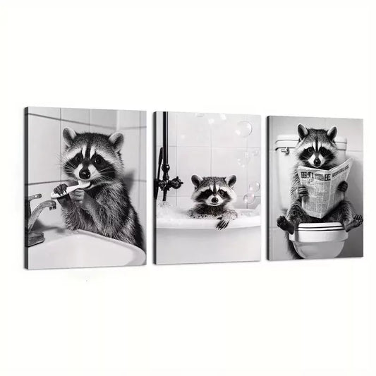 3pcs Abstract Raccoon in Funny Situations Wall Art Set Canvas Framed 40x60cm - High Quality Print 100% Australian Made Wall Canvas Ready to Hang