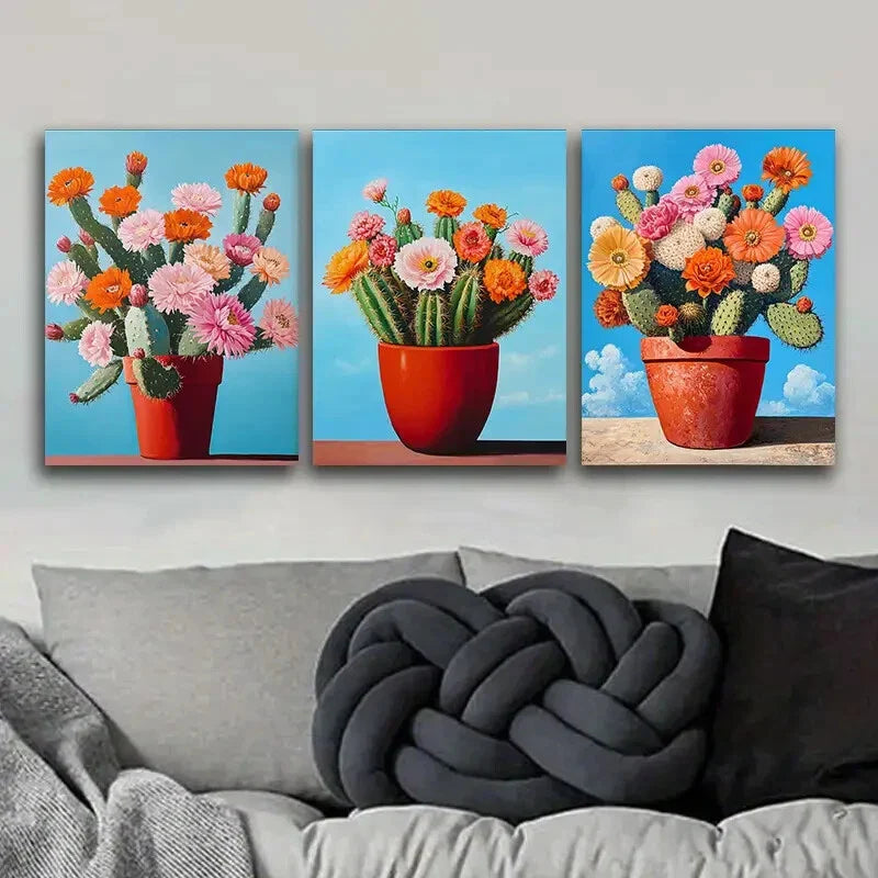 3pcs Vibrant Cactus & Flower Metal Print Ready to Hang Art