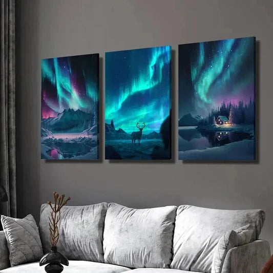 3pcs Arctic Night Scene with Auroras And Deer Wall Art Set Canvas Framed 40x60cm - High Quality Print 100% Australian Made Wall Canvas Ready to Hang