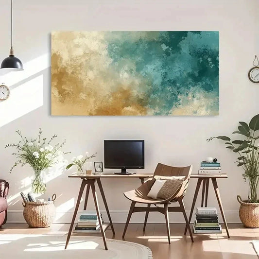 Soft Gradient Teal & Beige Wall Art Canvas Office Home Room Framed 120x60cm