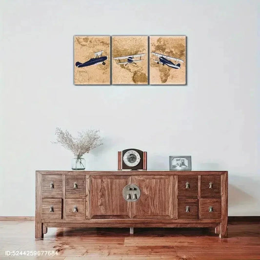 3pcs Airplane and Map Decoration Poster Metal Print Ready to Hang Art