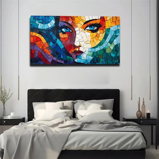 Vibrant Mosaic Portrait Blue Wall Art Canvas Office Home Room Framed 120x60cm