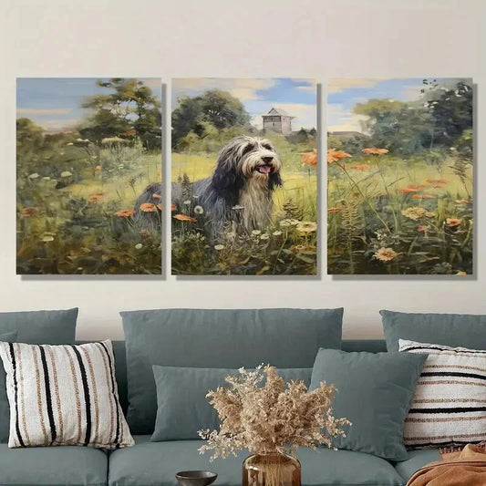 3pcs Bearded Collie in Flower Field Metal Print Ready to Hang Art
