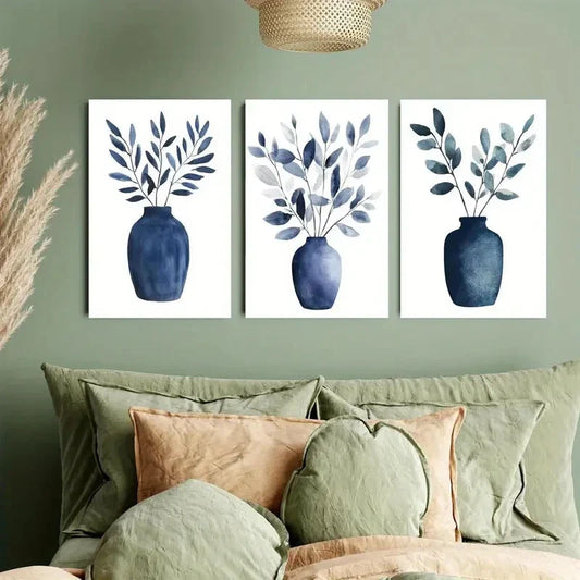 3pcs Blue Vase Art with Leaves Metal Print Ready to Hang Art