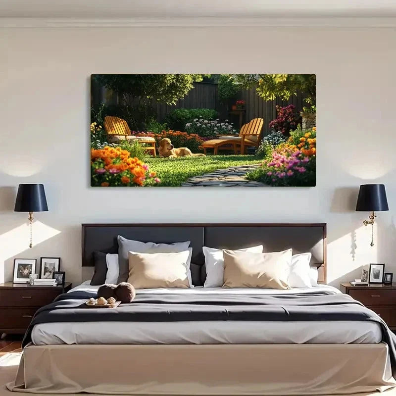 Vibrant Garden Scene Dog Wall Art Canvas Office Home Room Framed 120x60cm