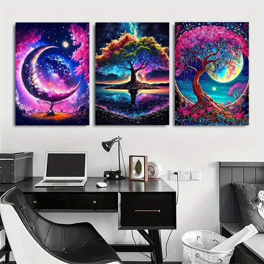 3pcs Mystical Moonlit Tree Fantasy Night Sky Metal Print Ready to Hang Art