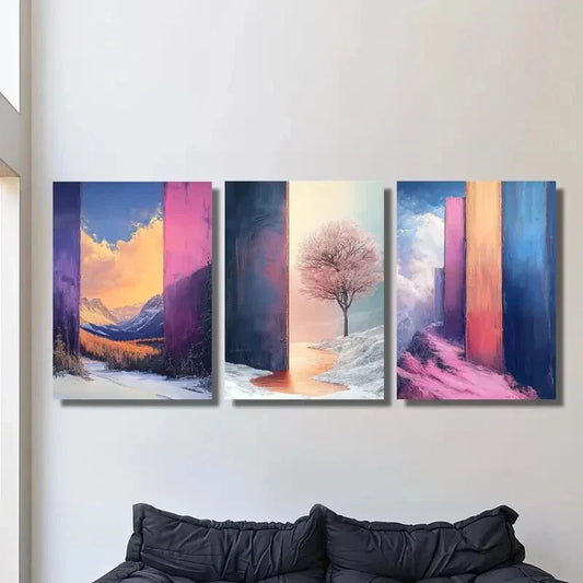 3pcs ,Cherry Blossoms & Color Block Graffiti, Metal Print Ready to Hang Art