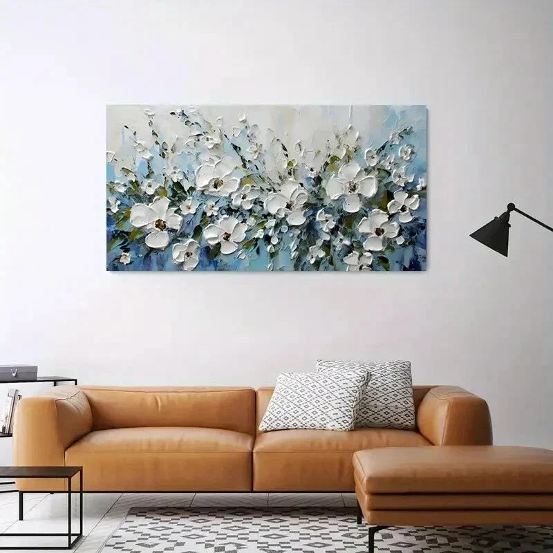 Elegant Blue Crayon Flower wall canvas office home room framed 120x60cm