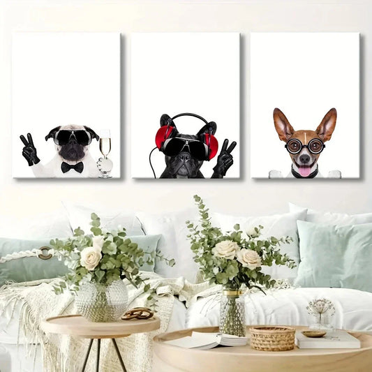 3pcs Whimsical Puppy Headphones & Goggles Metal Print Ready to Hang Art