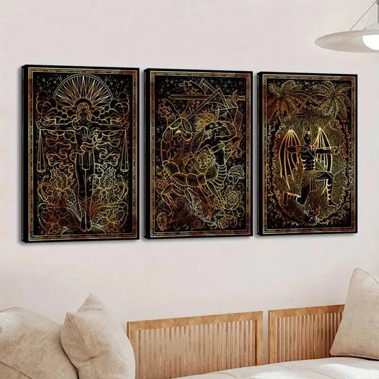 3pcs Vintage European Retro Twelve Zodiac Signs Wall Art Set Canvas Framed 40x60cm - High Quality Print 100% Australian Made Wall Canvas Ready to Hang
