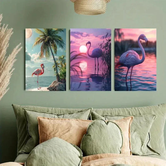 3pcs Flamingos and Palms, Beautiful Sunsets Metal Print Ready to Hang Art