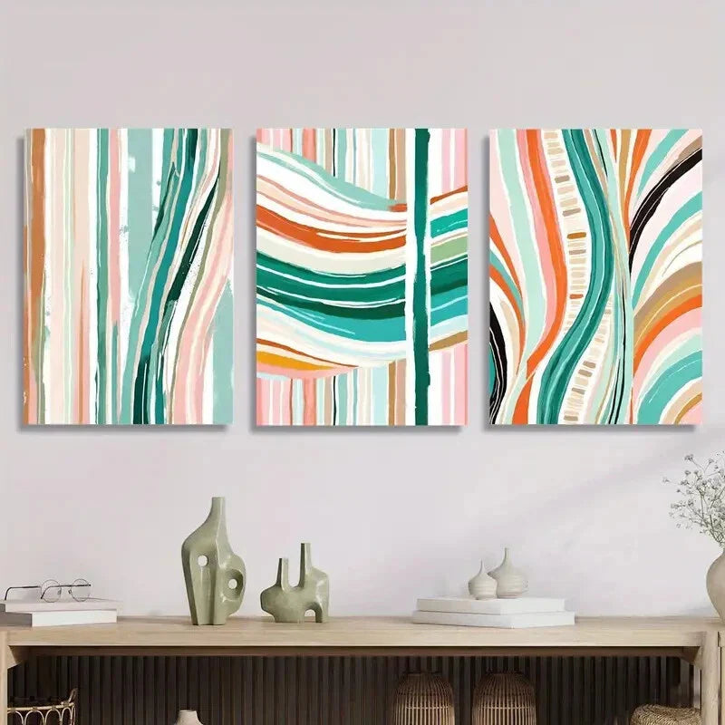 3pcs Vibrant Abstract Colorful Striped Metal Print Ready to Hang Art