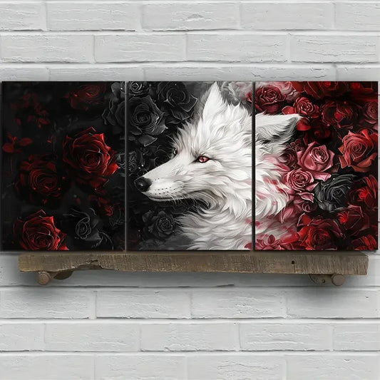 3pcs White Fox and Roses Modern Metal Print Ready to Hang Art