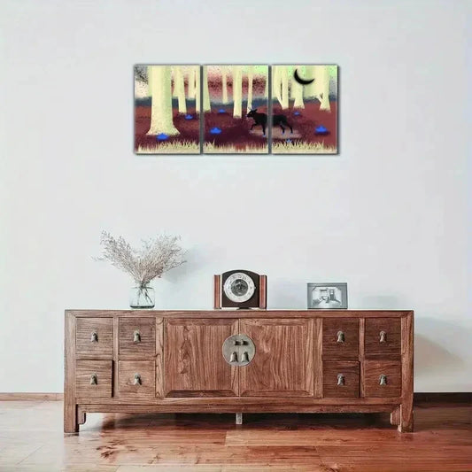 3pcs Accent, Sika deer in the forest, the moon, Metal Print Ready to Hang Art