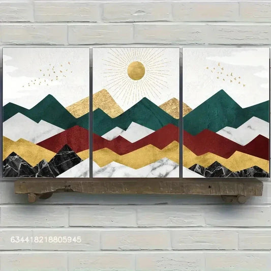 3pcs Geometric pattern mountains, Golden sun,Metal Print Ready to Hang Art