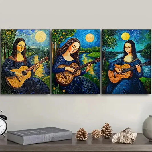 3pcs  Mona Lisa plays guitar Metal Print Ready to Hang Art