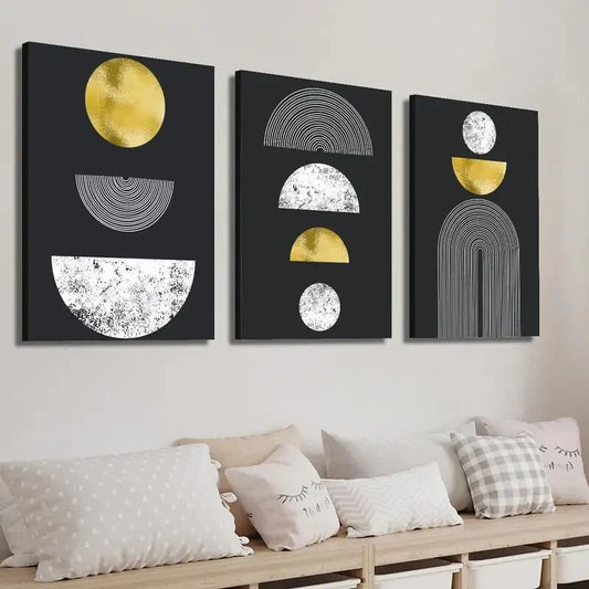 3pcs Black And Golden Geometric Wall Art Set Canvas Framed 40x60cm - High Quality Print 100% Australian Made Wall Canvas Ready to Hang