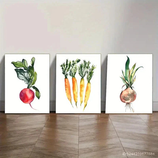 3pcs Vegetable Radish Carrots & Beetroot Metal Print Ready to Hang Art