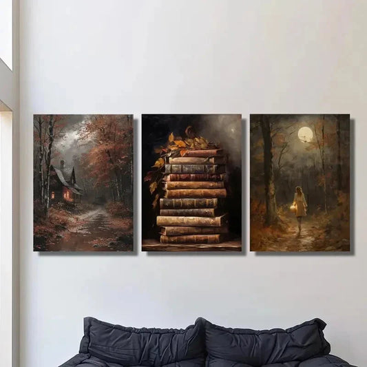 3pcs stacked books fall leaves, Gothic dark art, Metal Print Ready to Hang Art